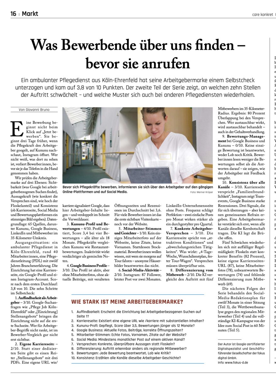 Faksimile des Beitrags „Was Bewerbende über uns finden – bevor sie anrufen“ in der care konkret, Ausgabe 30 vom 24. Juli 2026, Seite 16